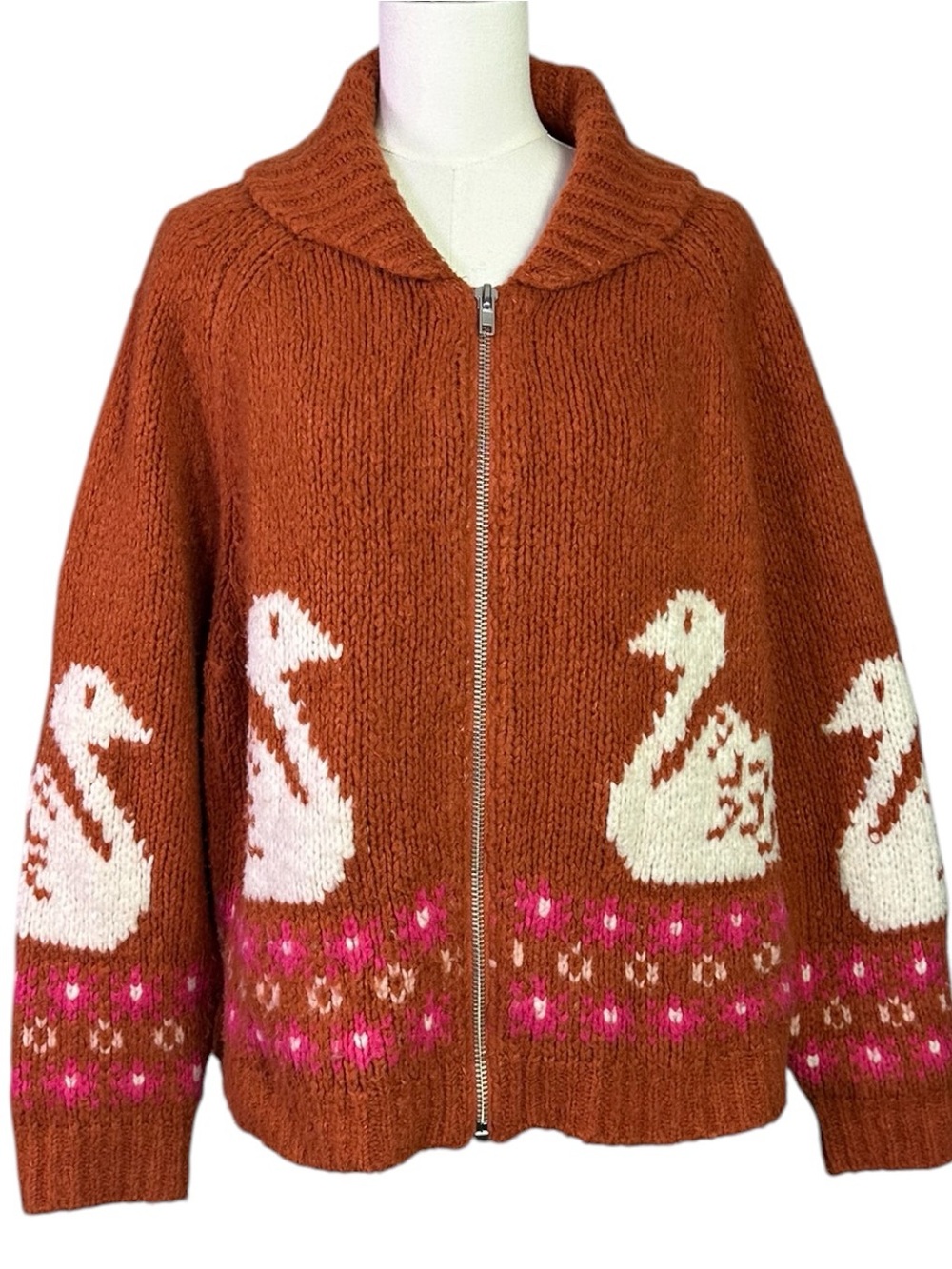 Anthropologie Maeve Fair Isle Swan Zip Front Cardigan Sweater Burnt Orange 1X